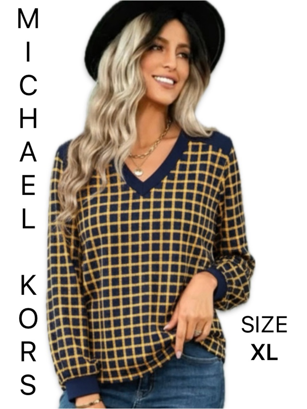 Michael Kors Navy Blue Gold Pattern V Neck Long Sleeve Tunic Blouse XL Luxury